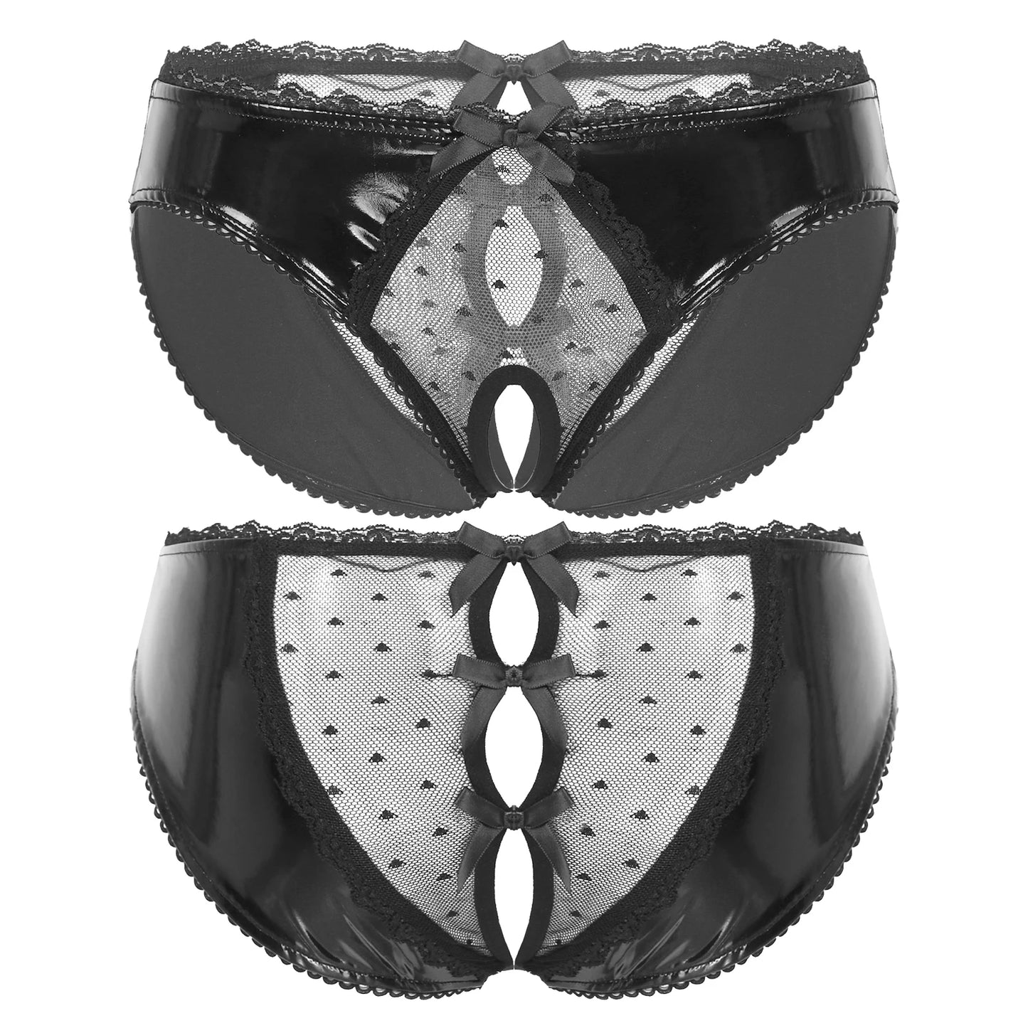 Womens Lingerie Open Crotch Panties Glossy Patent Leather Thongs Underwear Sheer Lace Patchwork Briefs Bowknot Low Waist Sexy